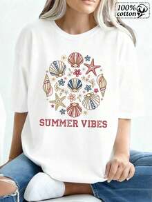 Playeras de Mujer Casual para Playa con Diseño de Camiseta Blanca Adornada con Conchas Marinas, Estrellas de Mar y Motivos Florales, Perfectas para el Verano - Blanco - Ver 10