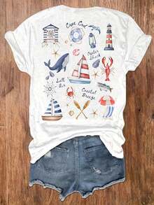 [Local Delivery] Women's T-Shirt, Round Neck Lobster Print T-Shirt, Casual Short Sleeve Vacation Top, Women's Clothing - 白色 - 查看 3