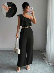Mono de mujer con diseño casual apropiado para vacaciones de primavera/verano, adecuado para la oficina, el transporte, la playa y la hora del té de la tarde, con tirantes de espagueti, cintura con doble volante y silueta recta y suelta - Negro - Ver 1