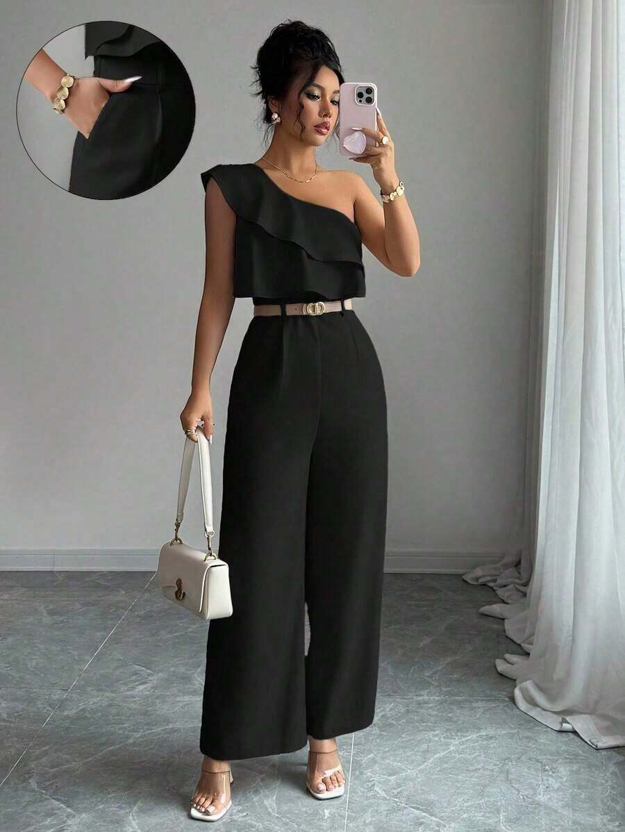 Mono de mujer con diseño casual apropiado para vacaciones de primavera/verano, adecuado para la oficina, el transporte, la playa y la hora del té de la tarde, con tirantes de espagueti, cintura con doble volante y silueta recta y suelta - Negro - Ver 1