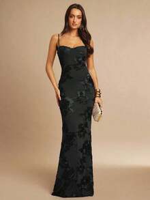 Vestido de tirantes finos maxi ajustado y elegante con diseño floral 3D en color marrón, adecuado para invitada de boda en otoño, fiesta, cóctel, noche, Navidad.Vestido maxi ceñido y con espalda descubierta, apropiado para fiesta de ot - Negro - Ver 3