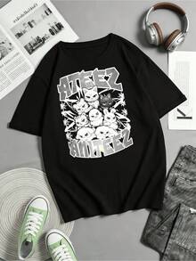 ATEEZ Members Svartvit Chibi Djur Graffiti Stil Fan Bomull Sommar Kortärmad T-shirt - Svart - Visa 1