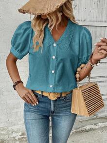Camisa casual de mujer de manga corta con encaje de contraste - Azul - Ver 4