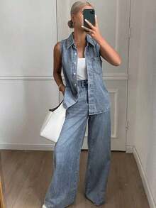 Conjunto de 2 piezas para mujeres compuesto por un chaleco de mezclilla lavada con cuello y pantalones anchos de pierna larga - Azul lavado medio - Ver 4