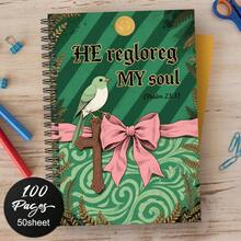 1 pieza Cuaderno de espiral, con diseño de pájaros verdes y blancos sobre fondo marrón con cruz, decorado con cinta rosa y hojas doradas, regalo ideal para hombres y mujeres, apto para uso escolar y de oficina - D - Ver 6