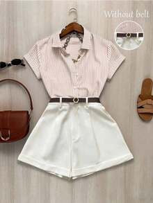 Conjunto de 2 piezas para mujer con bloqueo de color, cuello a rayas, cintura plisada y mangas cortas - Caqui - Ver 5