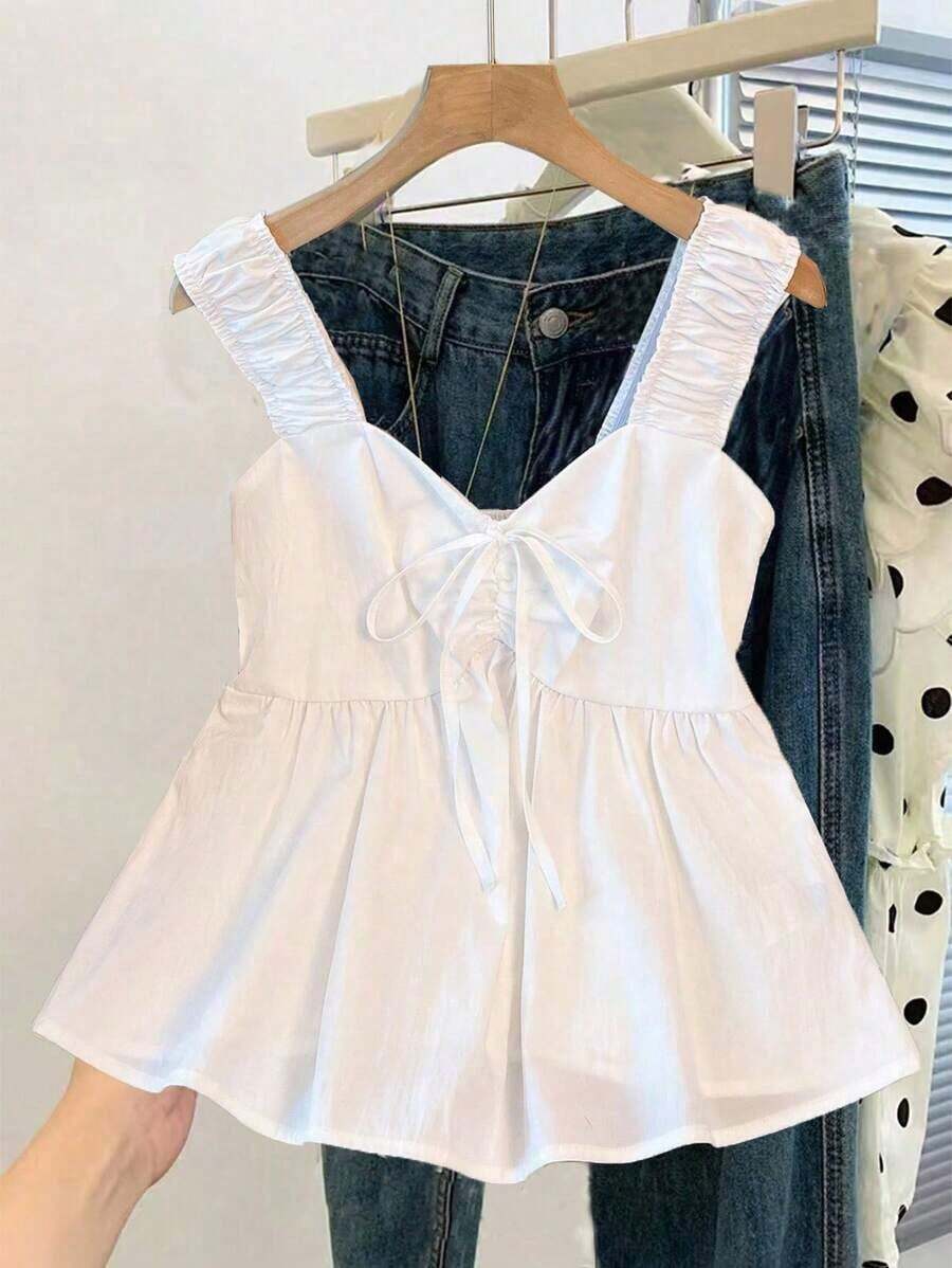Blusa sin mangas de ajuste holgado con cintura anudada para mujer - Blanco - Ver 1