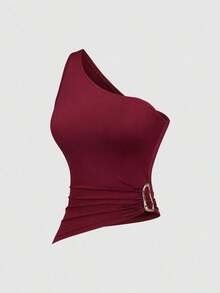 Conjunto de blusa con cuello asimétrico, un solo hombro y decoración de hebilla metálica, adecuado para vacaciones en la playa - Multicolor 2 - Ver 5