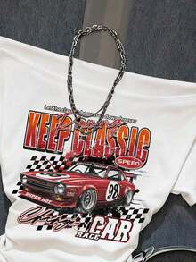 Camiseta corta de manga corta ajustada con hombros descubiertos, estampado retro de coche inglés y pliegues en la cintura, en color rosa, adecuada para el verano, el estilo callejero y el aeropuerto - Blanco - Ver 4