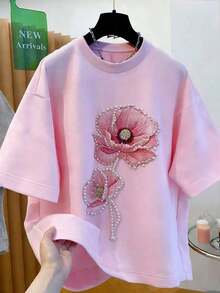 Camiseta casual y de moda para mujer con efecto de parche de mezclilla, estampado a rayas y de cerezas digitales, cuello redondo - Rosa Pálido - Ver 3