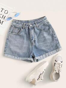 Shorts vaqueros de tiro alto enrollados para verano - Azul 2 - Ver 1