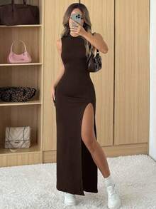 Vestido casual y elegante con abertura lateral, liviano para el verano - Marrón - Ver 7