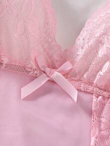 2pcs Women's Sexy Solid Color Lace & Mesh Splice Sleepwear Dress, V-Neck Backless Camisole Nightgown With G-String, Comfortable Pajamas - Pink - View 5