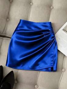Falda ajustado plisada de cintura alta con dobladillo asimétrico brillante y elegante para mujer, primavera/verano - azul real - Ver 7