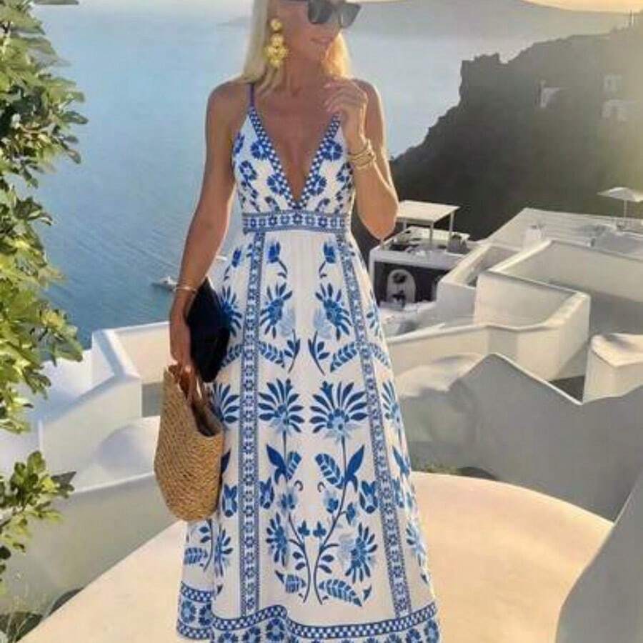 Vacation, traje de vacaciones, traje de verano, vestido romántico con estampado floral blanco y azul para mujer Vestidos boho para mujer Traje de Santorini para mujer Ropa de resort Vestido de vacaciones para mujer Vestidos largos de verano para mujer Vestidos de picnic para mujer Vestidos elegantes de verano para mujer - Azul y blanco - Ver 1