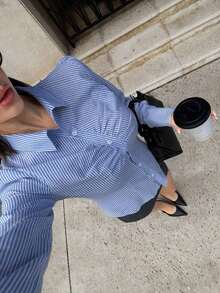Blusa de manga larga con pliegues y botones, camisa blanca con cuello, camisa blanca para mujer, camisa blanca ajustada, blusa blanca elegante de oficina, para maestras, de vuelta a la escuela, camisas de maestras, otoño para mujeres, para toda - Azul y blanco - Ver 5