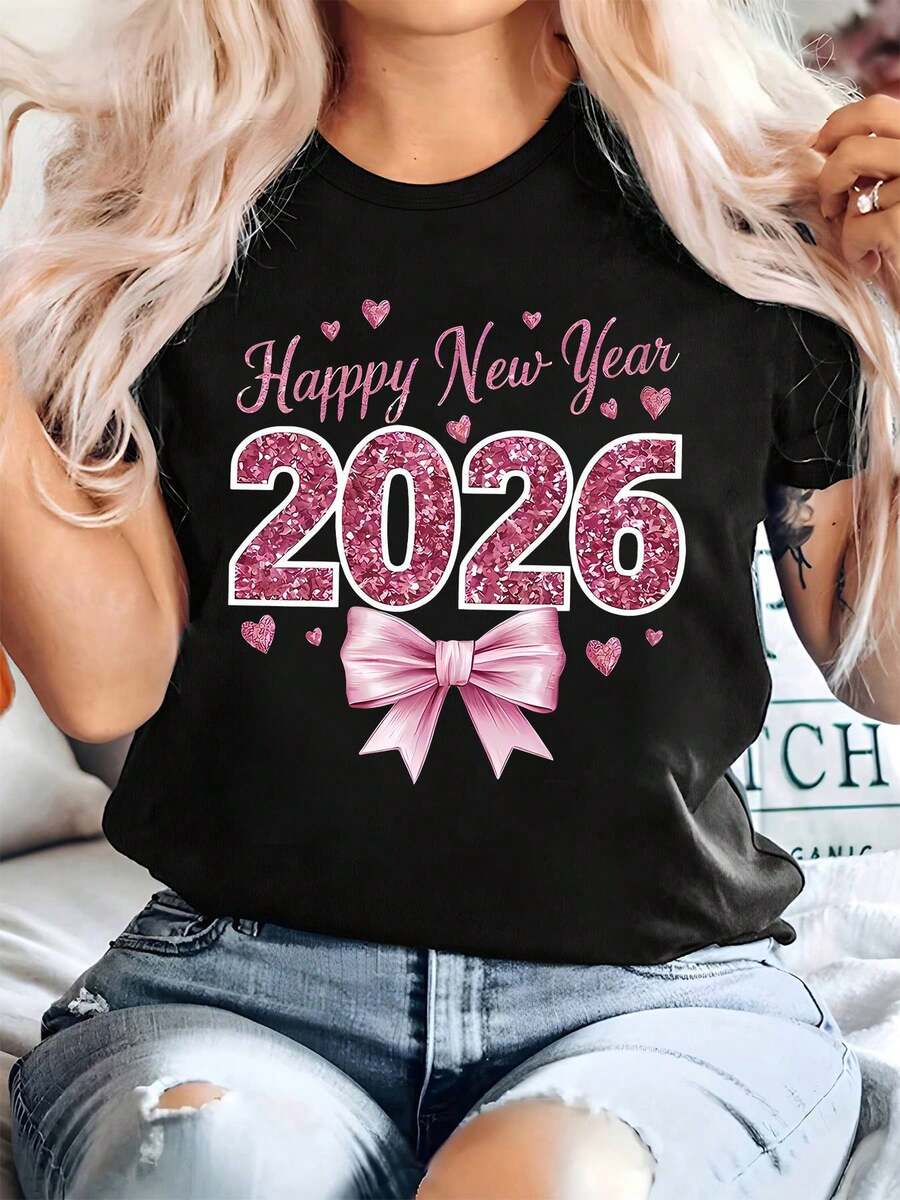 Plus Size - Women's Bright Graphic T-Shirt For New Year 2026 - Vibrant Orange, Casual, Short Sleeve, Crew Neck, With "Happy New Year" Text And Bow Design, Cotton, Comfortable Fit For All Seasons, Festive Wear | Celebratory Design | Cotton Fabric, Women's T-Shirts Y2k, T-Shirt, Shirt - 白色 - 查看 1