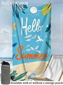 夏季速干吸水超细纤维沙滩巾 | 70*140厘米/90*180厘米可选 | “你好，夏天”图案印花 | 便携式游泳/浴巾，可选配收纳袋，适用于沙滩、浴室、露营、健身、旅行 - 天藍色 - 查看 10