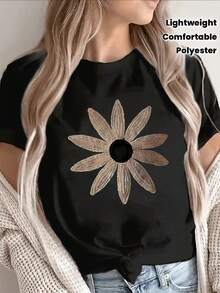 Camiseta de manga corta de poliéster con diseño de bordado de margarita, ligera y duradera para uso casual en casa, café o entornos al aire libre, cómodo para uso diario - Negro - Ver 2