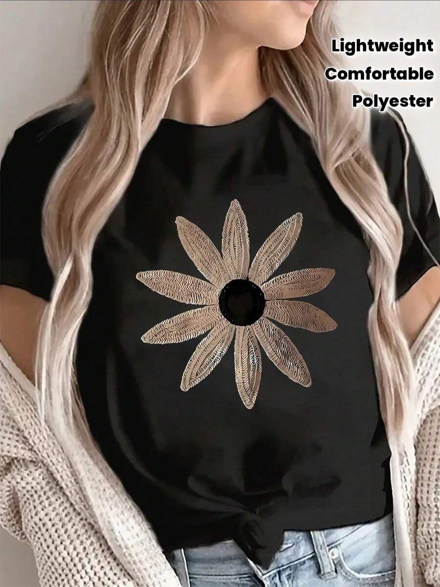 Camiseta de manga corta de poliéster con diseño de bordado de margarita, ligera y duradera para uso casual en casa, café o entornos al aire libre, cómodo para uso diario