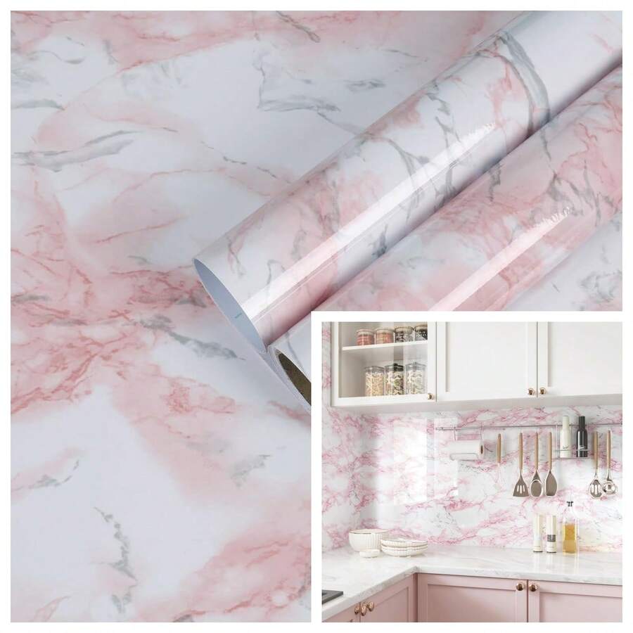 1 cuộn giấy dán tường giả đá cẩm thạch hồng trắng, kích thước 15,7in x 118in, chống thấm nước, có thể tháo rời, dùng cho mặt bàn bếp, tủ bếp, tường và đồ nội thất.