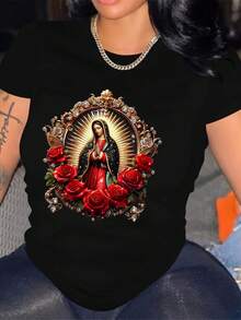 Camiseta de manga corta para mujer - Estampado de la Virgen María y rosa roja, top negro casual de cuello redondo, elasticidad media, lavable a máquina, regalo para esposa/novia/hermana, camiseta casual cómoda para mujer. - Negro - Ver 7