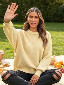 Women's Ribbed Knit Sweater With Long Sleeves And Crew Neck - Winter - Apricot - View 4
