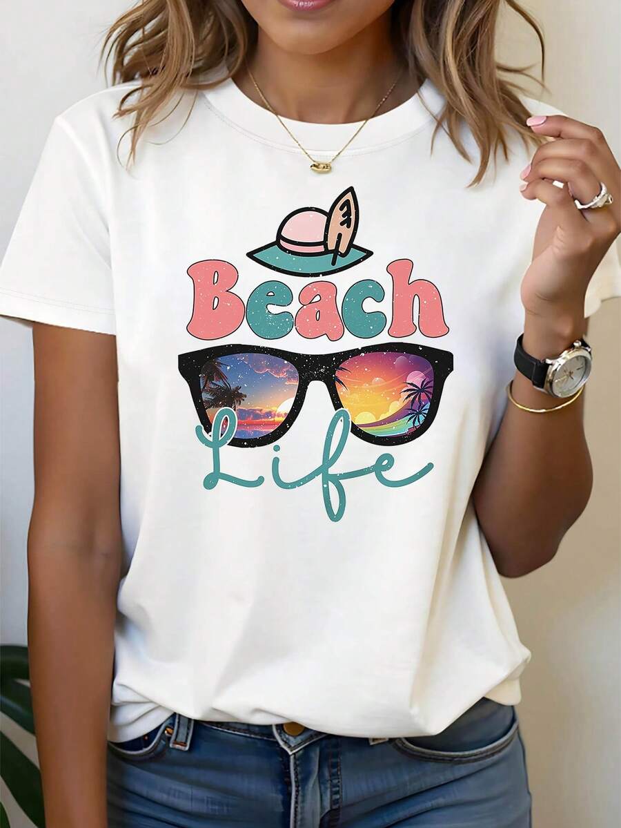Camiseta del tema de la vida de la playa de las mujeres - Gafas de moda Decoración del eslogan de la playa de manga corta, rosa-verde vacaciones frescas Top de viaje de la playa