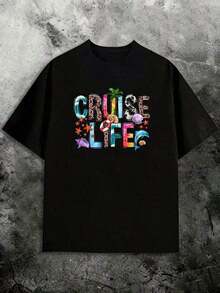 1 pieza PAYEAH 1 pieza Camiseta de cuello redondo con estampado de letras "Vibrant Cruise Life", 180g, 100% algodón suave. - Negro - Ver 2