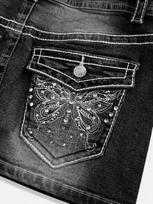 J-Fashion Minifalda de mezclilla con bordado de mariposa, cintura baja, ajustable y de color contrastante, estilo vintage Y2K para mujeres - Negro - Ver 2