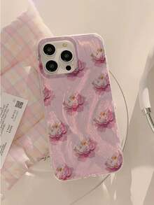 1pc Fashionable Pink Flower Patchwork Pattern Waterproof, Fingerprint-Proof, Scratch-Resistant Transparent IMD Soft Glossy Smooth Phone Case - Multicolor - View 5