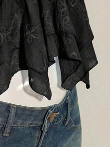 Top sin mangas con volantes, escote con pliegues, ajuste ceñido, parches de malla sexy, espalda con lazo, top casual de vacaciones - Negro - Ver 9