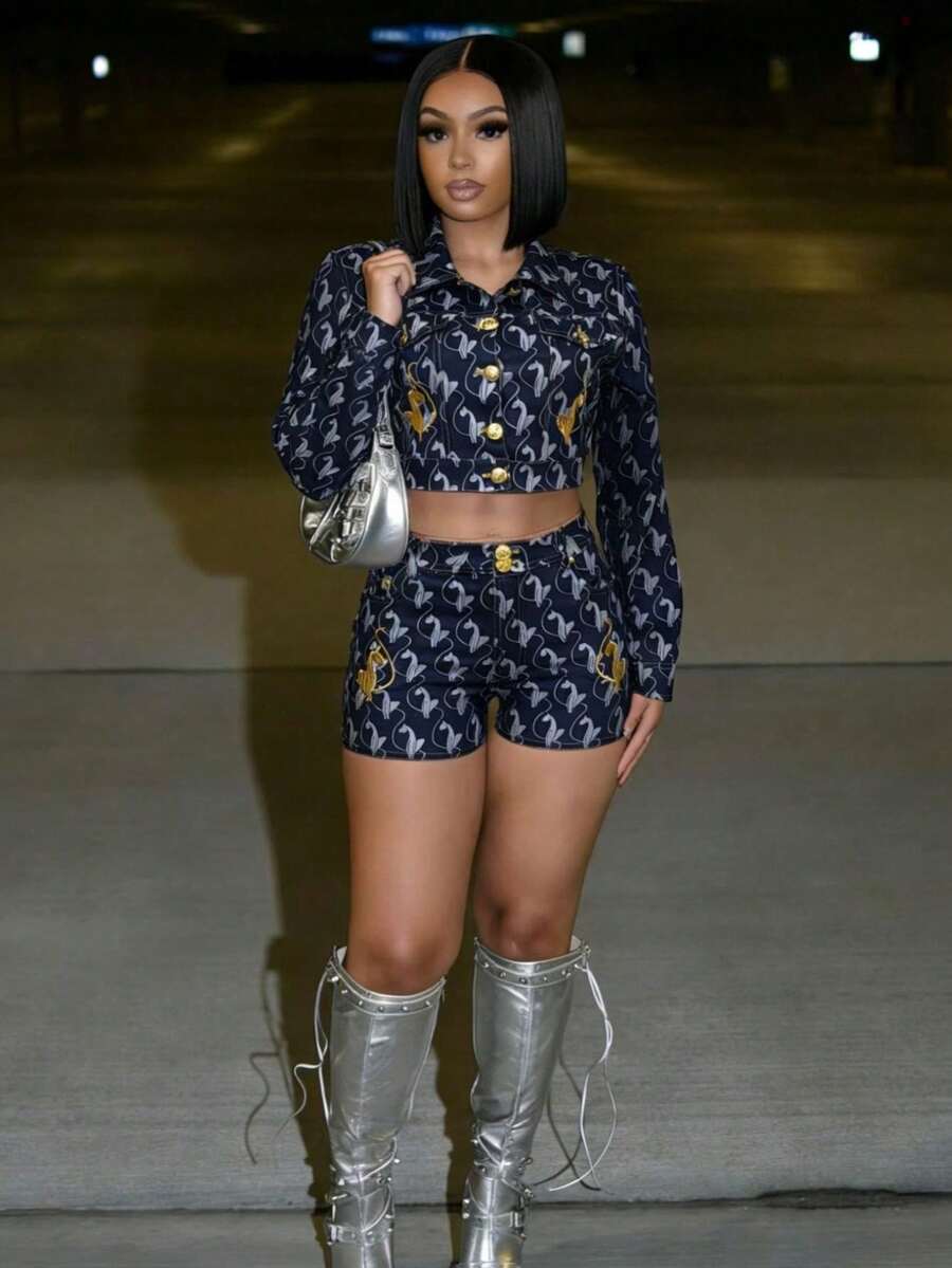 Spring And Summer Casual Women's Two-Piece Set, Printed And Embroidered Long-Sleeved Shorts Set, Slim And Stylish, Suitable For Vacation And Daily Outings - 黑色 - 查看 1