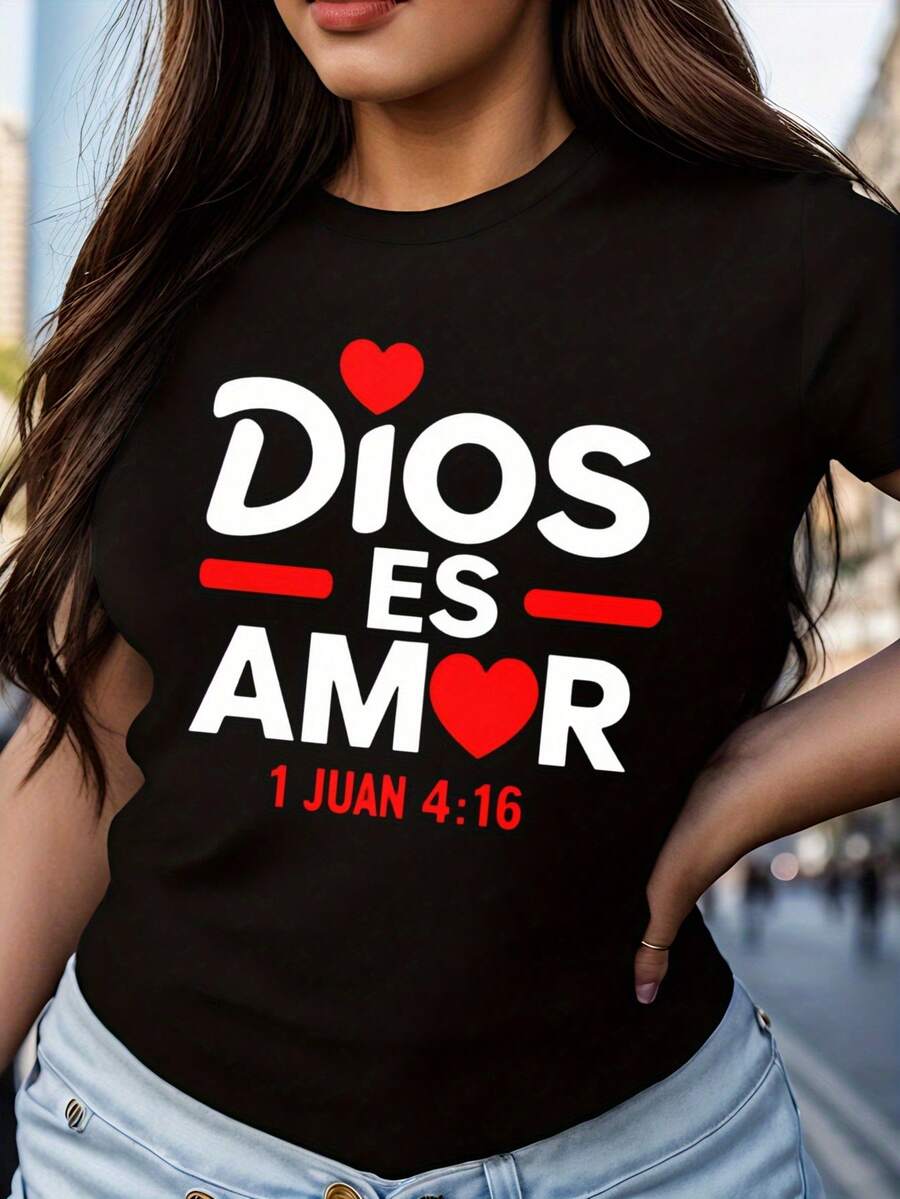 Camiseta Casual Unisex Negra con Texto "Dios Es Amor" y Diseño de Corazón, Inspiración Cristiana para Uso Diario; Ajuste Estiloso y Cómodo para Hombres y Mujeres, con Letras en Negrita y R Y2k Camiseta Camisa De - Negro - Ver 1