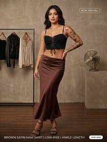 Falda larga de satín para mujer, corte recto, tiro bajo, acabado brillante, abertura trasera, ajuste elegante, diseño versátil ideal para eventos y looks casuales sexy para fiesta en la noche - Café integral - Ver 4