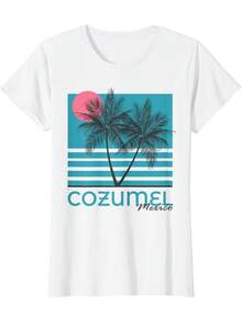 Playera de Cuello Redondo para Mujer Blanca Cozumel México Palmeras Estampado Gráfico de Atardecer Ropa de Vacaciones Viaje Playa Y2k Camiseta Camisa De - Negro - Ver 8