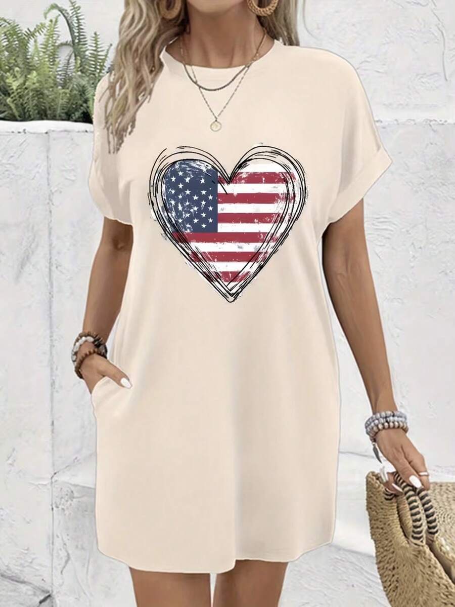 American Flag Heart Print T-Shirt Dress, Beige Casual Dress, Comfortable Homewear Sleep Dress, Patriotic Vacation Outfit - Màu be - Xem 1