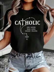 Women's Graphic T-Shirt, Religious Design, For Mass And Prayer, Casual Style, Short Sleeve, Round Neck - Black - View 8