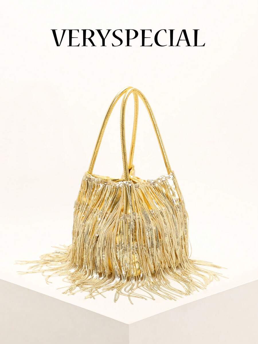1pc Solid Color Sequin Shiny Metallic PVC Sequin Tassel Handbag, Versatile Tote Bag With Wing Design, Multi-Functional Fashion Bag Suitable For Romantic Wedding Season, Luxury Lady Party Atmosphere