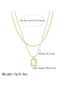 1pc Retro Style Stainless Steel Double Layered Stacked Chain Square Pendant Jewelry Necklace - Gold - View 5