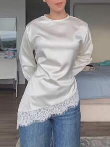 Nouveau T-shirt à manches longues avec patchwork en dentelle, convient pour les rendez-vous, les vacances et le port quotidien au printemps/été - Beige - Voir 5