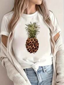 Women's Casual T-Shirt, Ideal For Everyday Wear And The Office. Made From 100% Natural Fabric With A Cute Letter And Number Print. Slim Fit, Casual Style, Perfect For Spring, Summer, And Fall. Short Sleeves. Women's Clothing. - 白色的 - 查看 1