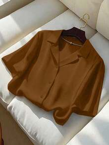 Camisa de manga corta con cuello vuelto de color sólido para mujer, estilo casual, para verano - Marrón - Ver 9