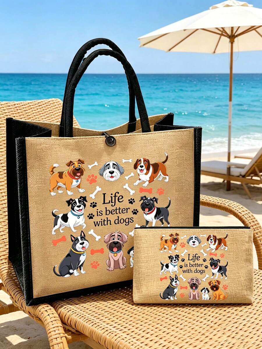 Life Is Better With Dogs「愛狗人士亞麻托特包與拉鍊收納袋套組，可重複使用的帆布托特包配對拉鍊收納袋，可愛卡通狗印花托特包附爪印與骨頭圖案，適合狗主人、寵物愛好者與動物愛好者 - 彩色 - 查看 1