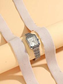 1pc Vintage Silver Square Dial Girl's Watch, Minimalist Steel Band Quartz Wristwatch, / Year-End Promotion / Birthday Gift / Holiday Gift - Silver - View 2