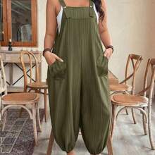 Plus Size Women's Elegant Striped Pocket Jumpsuit, Suitable For Work And Commute, Spring/Summer - Azul Marino - Ver 5