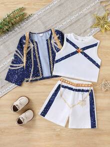 Conjunto de 3 piezas de chaqueta + chaleco + pantalones cortos con estampado de cielo estrellado para niñas, atuendo para actuaciones en el escenario - Azul Marino - Ver 1