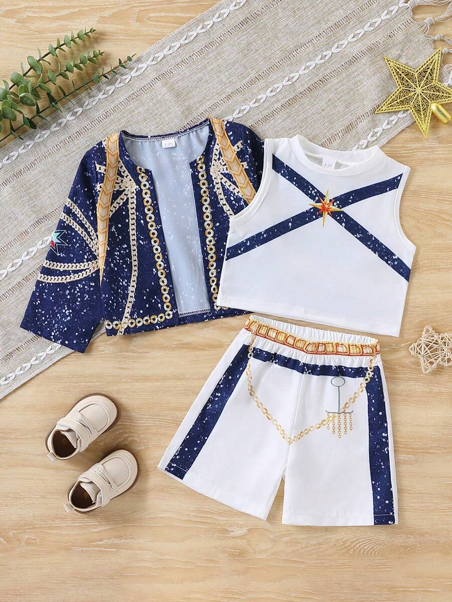 Conjunto de 3 piezas de chaqueta + chaleco + pantalones cortos con estampado de cielo estrellado para niñas, atuendo para actuaciones en el escenario - Azul Marino - Ver 1