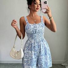 Women's Apricot Base Multi-Color Printed Frill Trim Spaghetti Strap Tie Waist Jumpsuit, Elegant & Sophisticated, Suitable For Valentine's Day, Easter, May Day, Birthday, Date, Party, Formal Occasions, Teacher's Outfit, High-Vibe, Spring/Summer - Azul y blanco - Ver 6