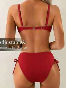 2 pièces Maillot de bain bikini pour femmes, fabriqué en tissu texturé, bretelles réglables et amovibles, bas de maillot à nouer, vacances, plage, été - Rouge - Voir 2